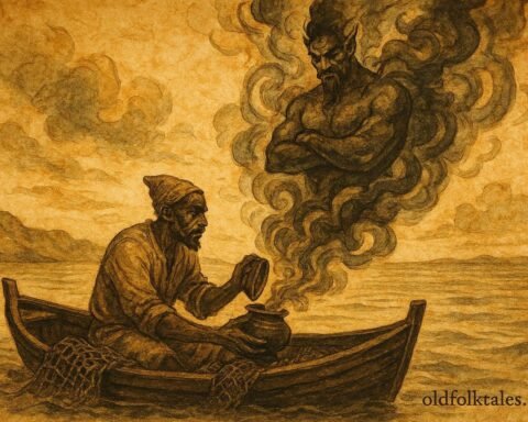 An illustration of fisherman releasing sea djinn from vessel, Libyan coastal folktale.