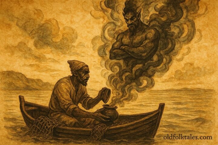 An illustration of fisherman releasing sea djinn from vessel, Libyan coastal folktale.
