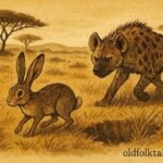 An illustration of hare tricking hyena in Somali savannah landscape.