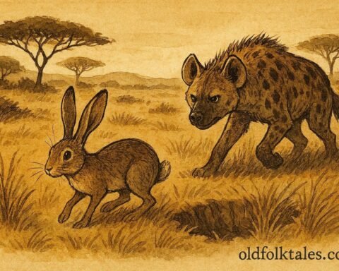An illustration of hare tricking hyena in Somali savannah landscape.