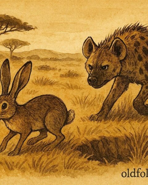 An illustration of hare tricking hyena in Somali savannah landscape.