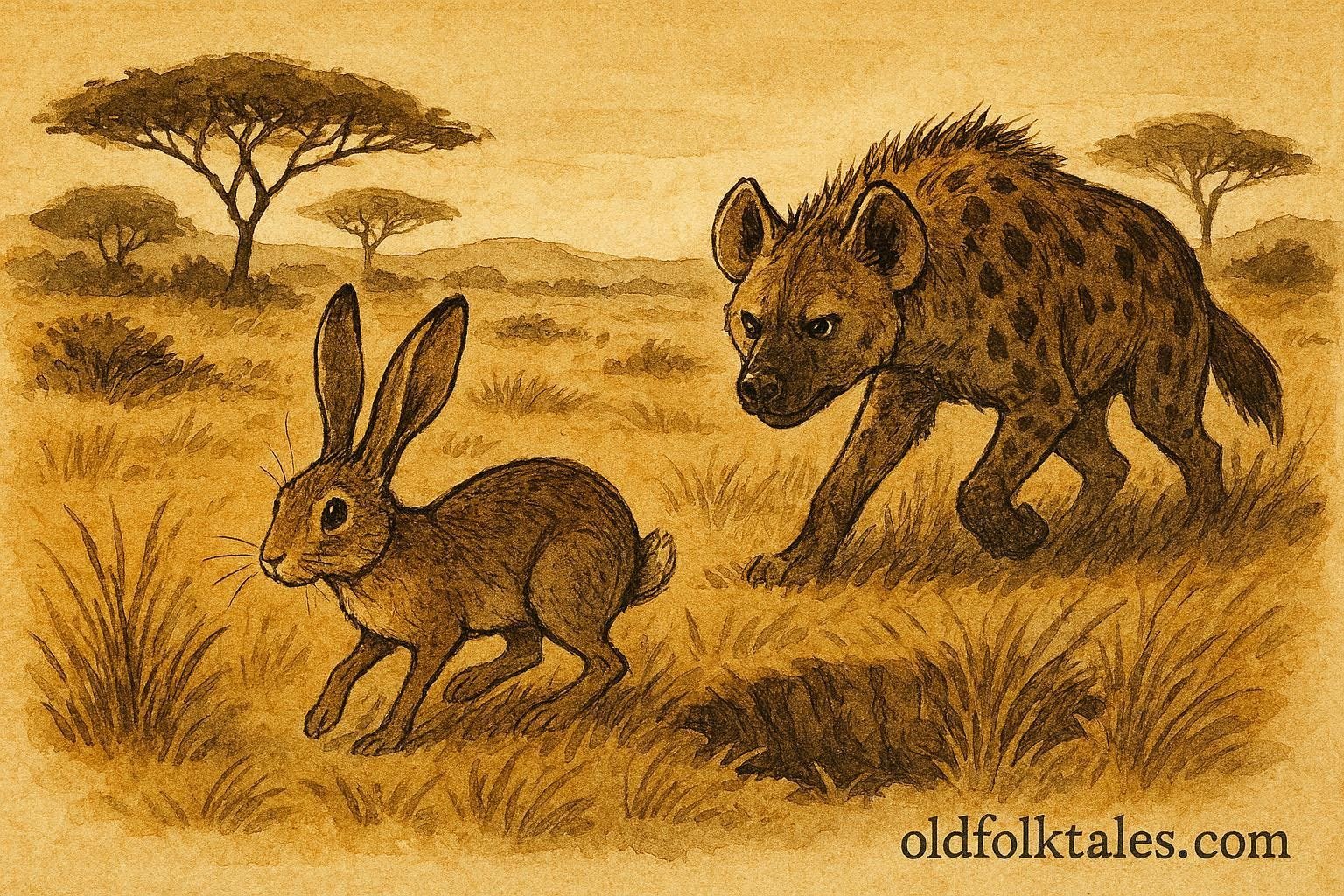 An illustration of hare tricking hyena in Somali savannah landscape.