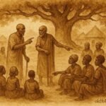 illustration of elders organizing clans among villagers, Burundian folktale scene.