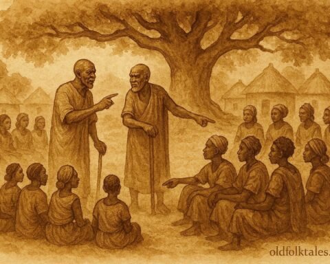 illustration of elders organizing clans among villagers, Burundian folktale scene.
