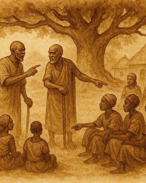 illustration of elders organizing clans among villagers, Burundian folktale scene.