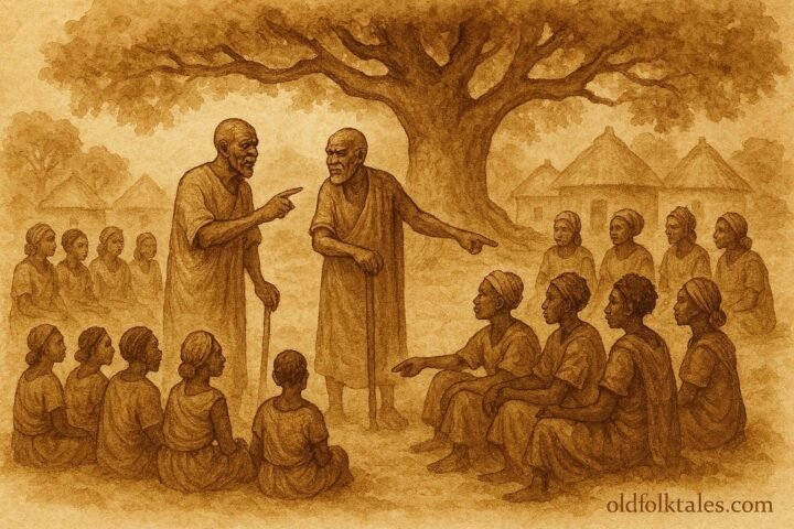 illustration of elders organizing clans among villagers, Burundian folktale scene.
