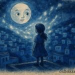 An illustration of girl under moon in Chefchaouen losing memories, Moroccan folktale scene.