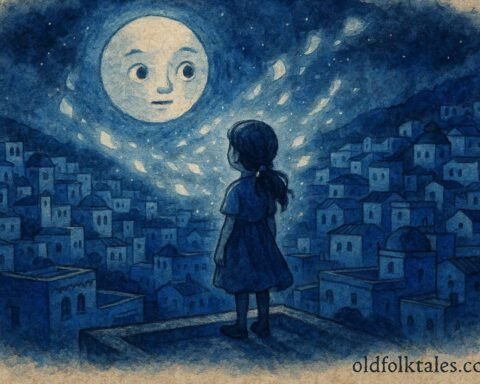 An illustration of girl under moon in Chefchaouen losing memories, Moroccan folktale scene.