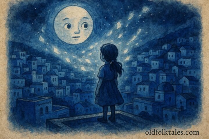 An illustration of girl under moon in Chefchaouen losing memories, Moroccan folktale scene.