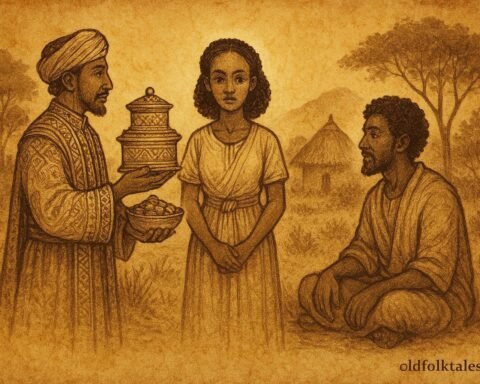 Ann illustration of woman choosing humble wise man over wealthy suitor in Eritrea.