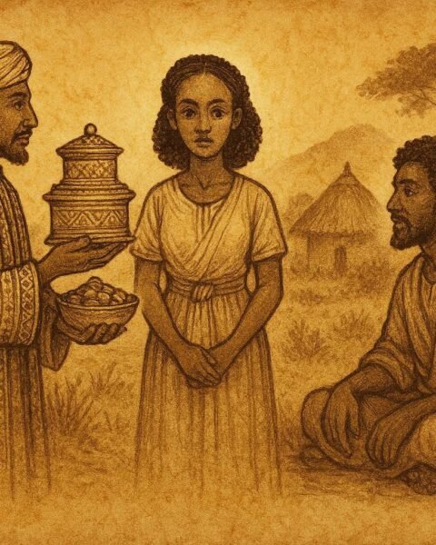 Ann illustration of woman choosing humble wise man over wealthy suitor in Eritrea.