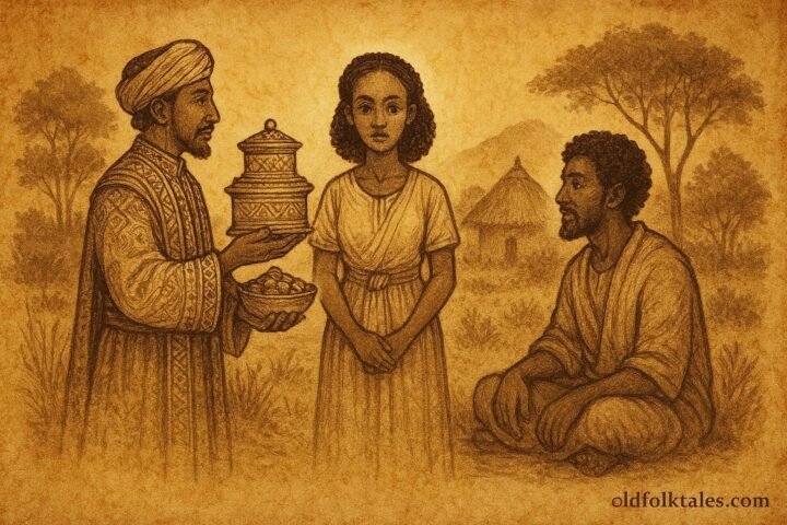 Ann illustration of woman choosing humble wise man over wealthy suitor in Eritrea.