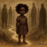 A young girl surrounded by shadowy spirits in a mysterious realm, African folktale scene