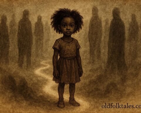 A young girl surrounded by shadowy spirits in a mysterious realm, African folktale scene