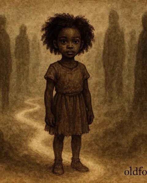 A young girl surrounded by shadowy spirits in a mysterious realm, African folktale scene