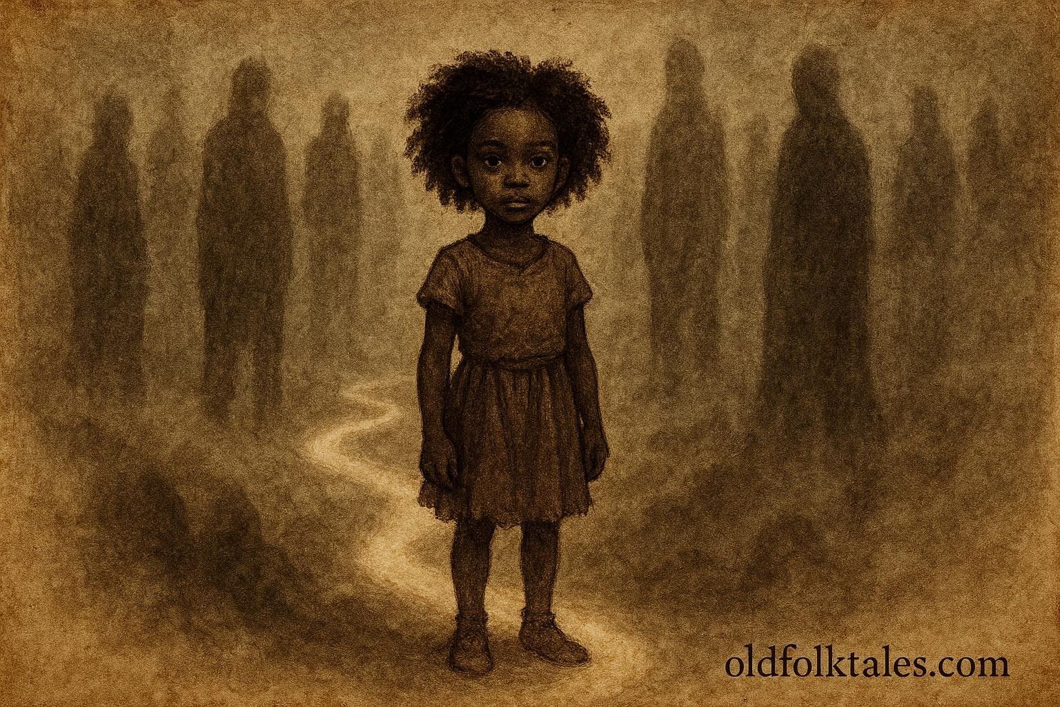 A young girl surrounded by shadowy spirits in a mysterious realm, African folktale scene