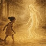 A girl entering glowing river with spirit figure, Bubi folktale scene.