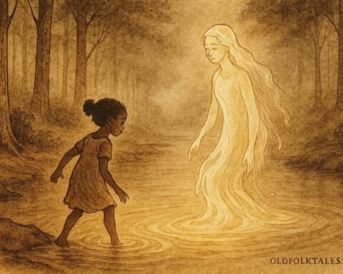 A girl entering glowing river with spirit figure, Bubi folktale scene.