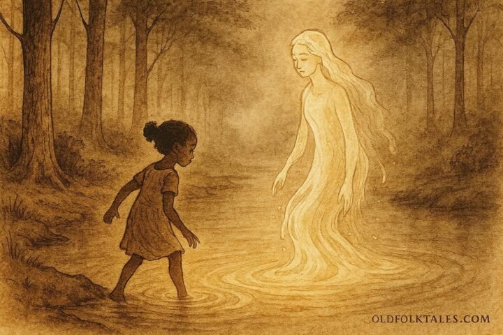 A girl entering glowing river with spirit figure, Bubi folktale scene.