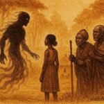 A woman facing spirit husband near village, Congo Mongo folktale scene.