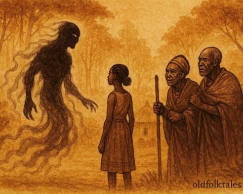 A woman facing spirit husband near village, Congo Mongo folktale scene.