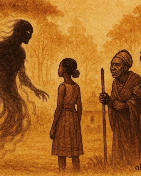 A woman facing spirit husband near village, Congo Mongo folktale scene.