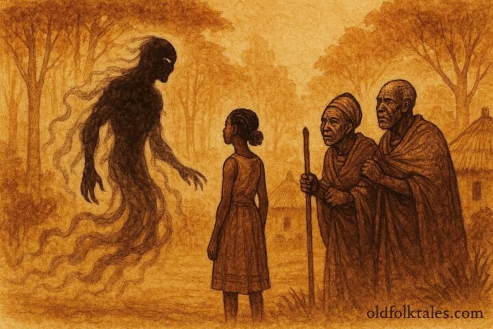 A woman facing spirit husband near village, Congo Mongo folktale scene.