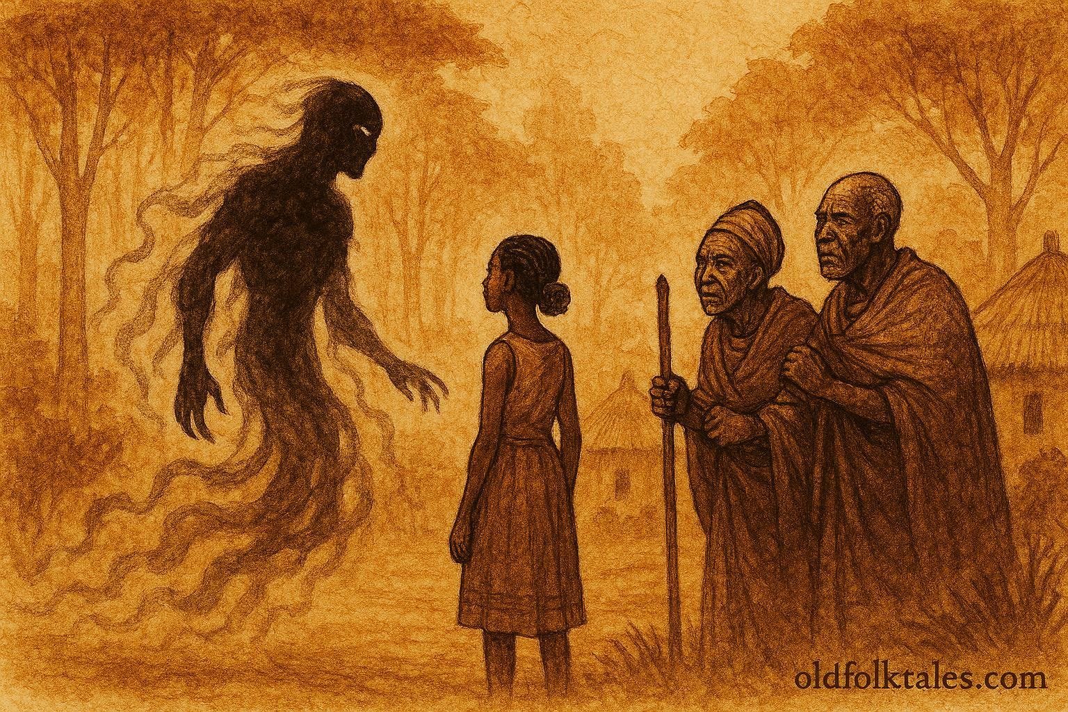 A woman facing spirit husband near village, Congo Mongo folktale scene.