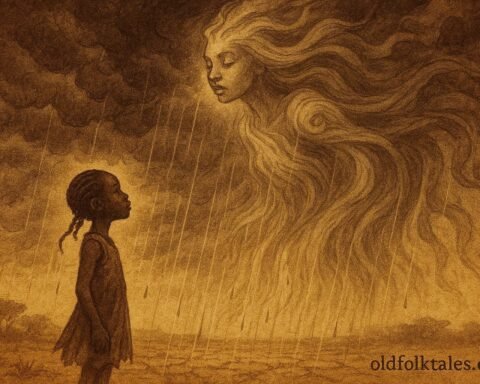 An illustration of girl and rain spirit bringing rain to drought-stricken Burundian land.