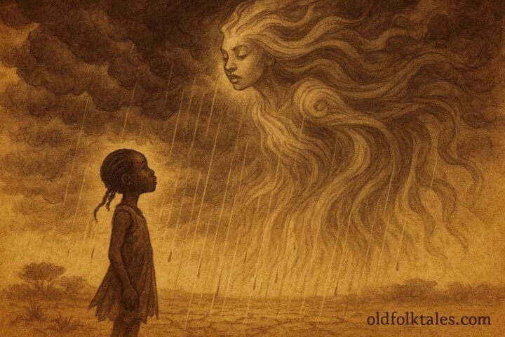 An illustration of girl and rain spirit bringing rain to drought-stricken Burundian land.