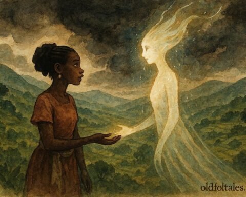 An illustration of woman and rain spirit in Ugandan highlands with storms and abundance.