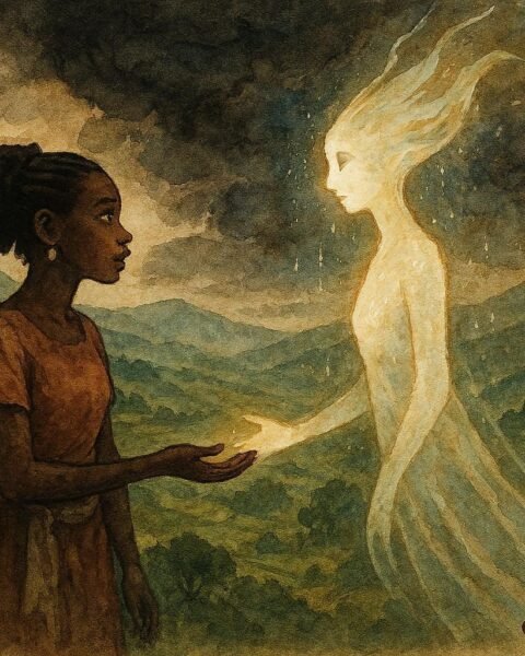 An illustration of woman and rain spirit in Ugandan highlands with storms and abundance.