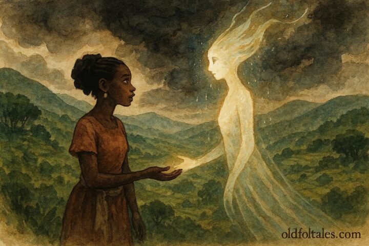 An illustration of woman and rain spirit in Ugandan highlands with storms and abundance.