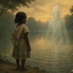 A girl confronting lake spirit in Ethiopian landscape with calm courage.