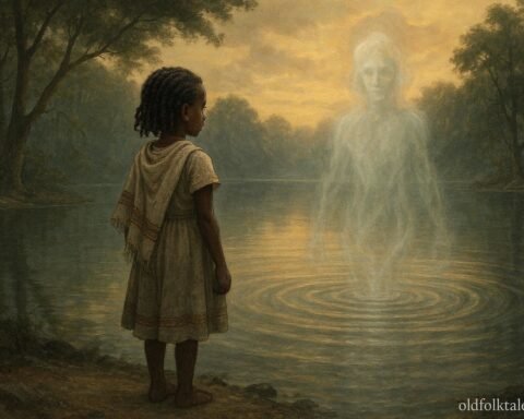 A girl confronting lake spirit in Ethiopian landscape with calm courage.