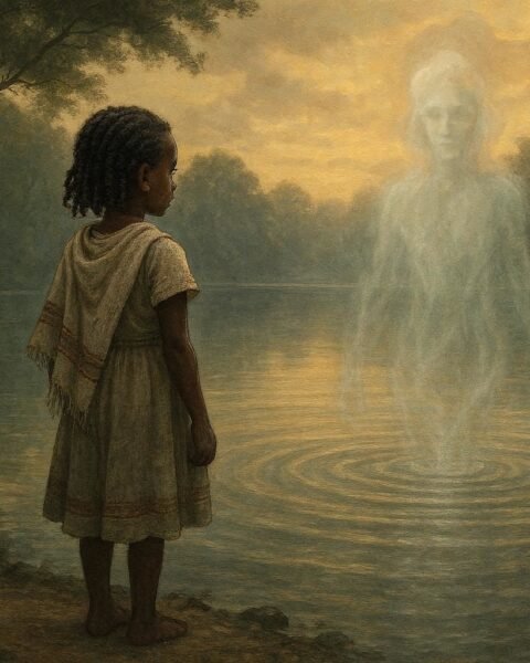 A girl confronting lake spirit in Ethiopian landscape with calm courage.