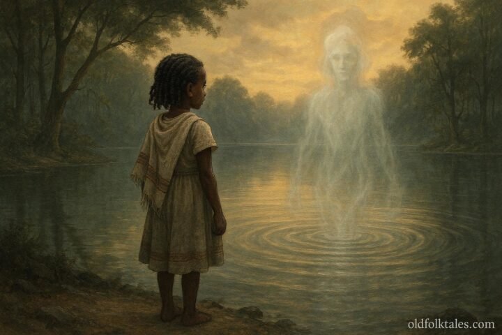 A girl confronting lake spirit in Ethiopian landscape with calm courage.