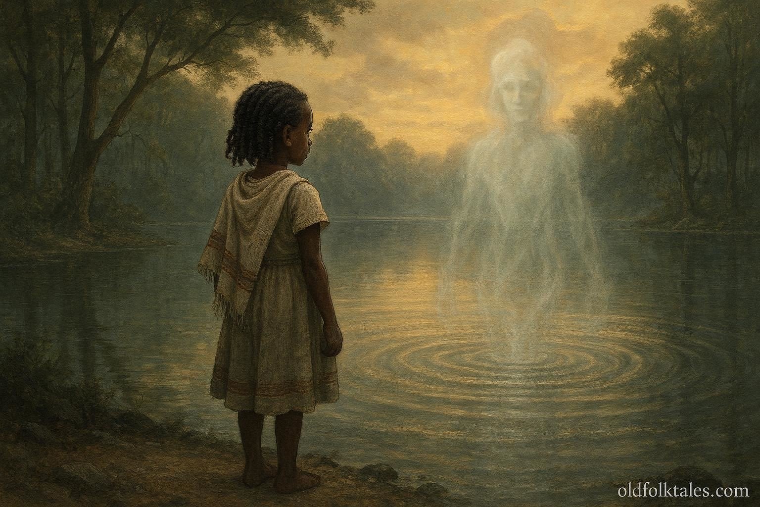 A girl confronting lake spirit in Ethiopian landscape with calm courage.