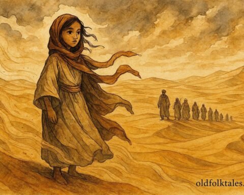 An illustration of girl guiding villagers through desert using wind in Libyan folktale.