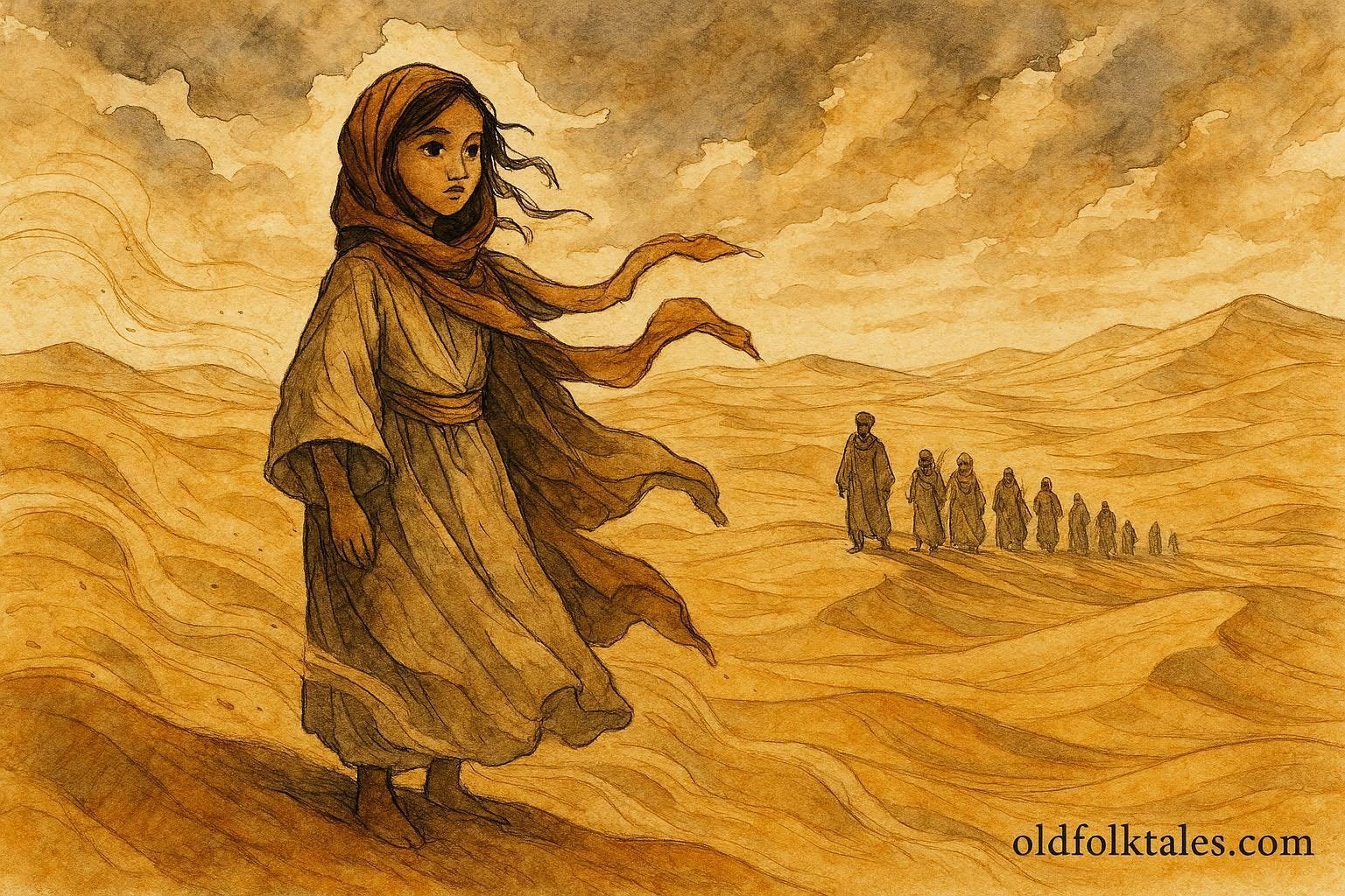 An illustration of girl guiding villagers through desert using wind in Libyan folktale.