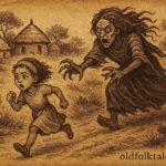 Girl fleeing from a dangerous woman on a lonely path, Eritrean folktale scene