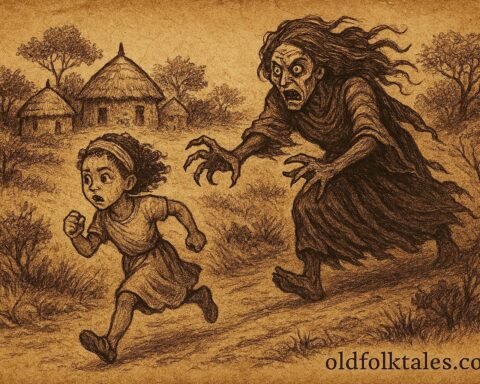 Girl fleeing from a dangerous woman on a lonely path, Eritrean folktale scene