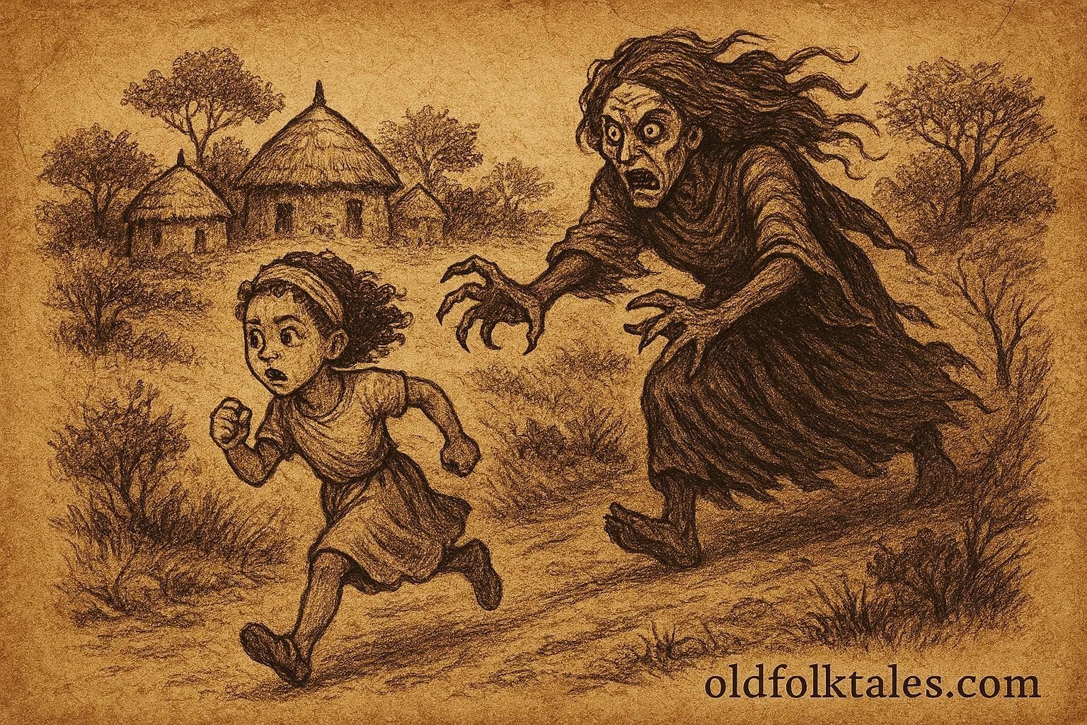 Girl fleeing from a dangerous woman on a lonely path, Eritrean folktale scene