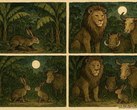 An illustration of hare stealing bananas and being exposed in Ugandan plantation.