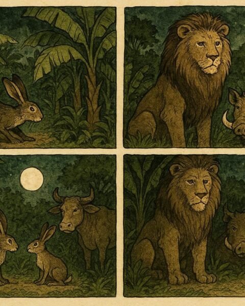 An illustration of hare stealing bananas and being exposed in Ugandan plantation.