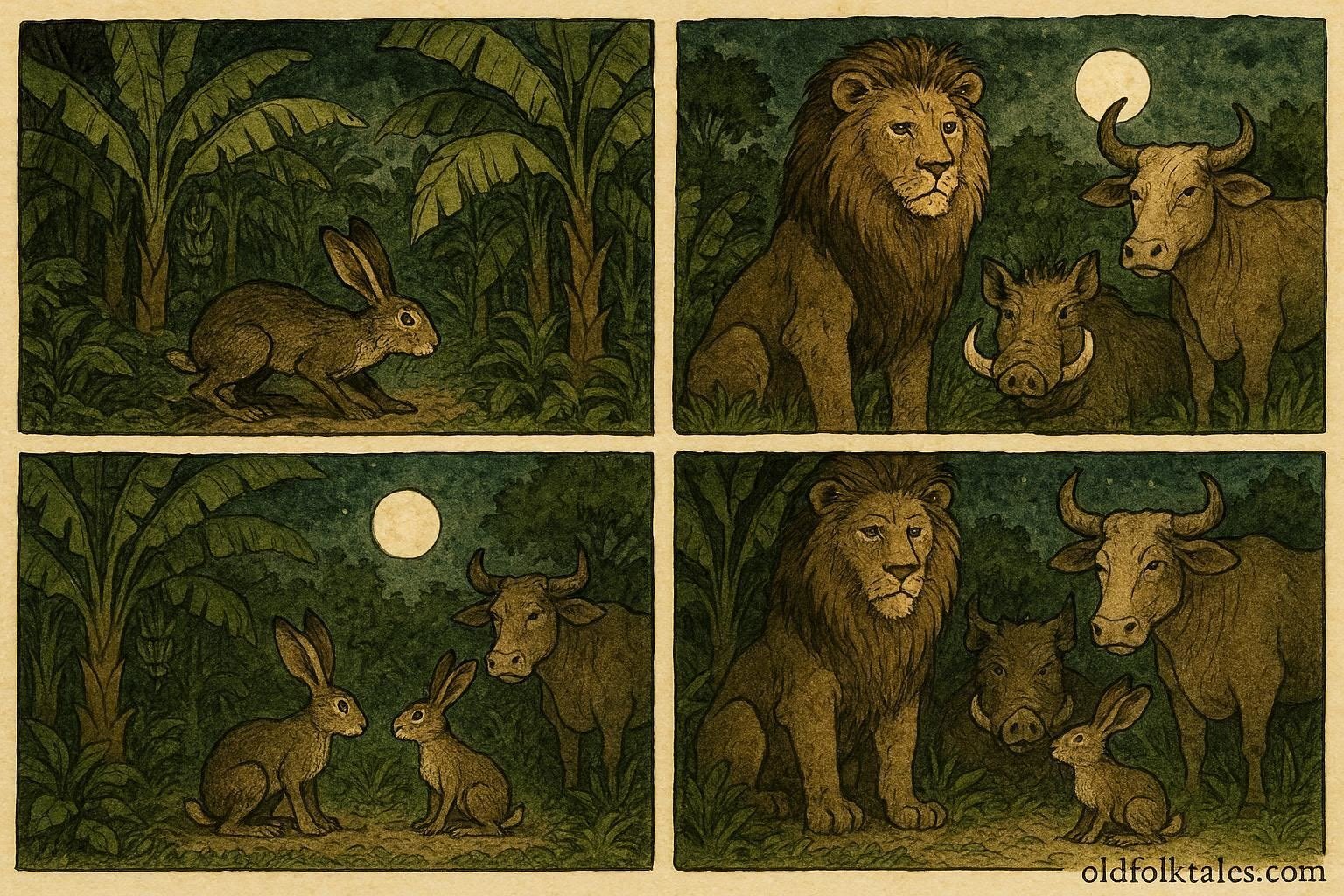 An illustration of hare stealing bananas and being exposed in Ugandan plantation.