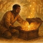 illustration of a greedy man watching magical treasures vanish, Beninese folktale scene.