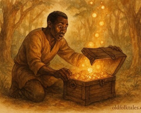 illustration of a greedy man watching magical treasures vanish, Beninese folktale scene.