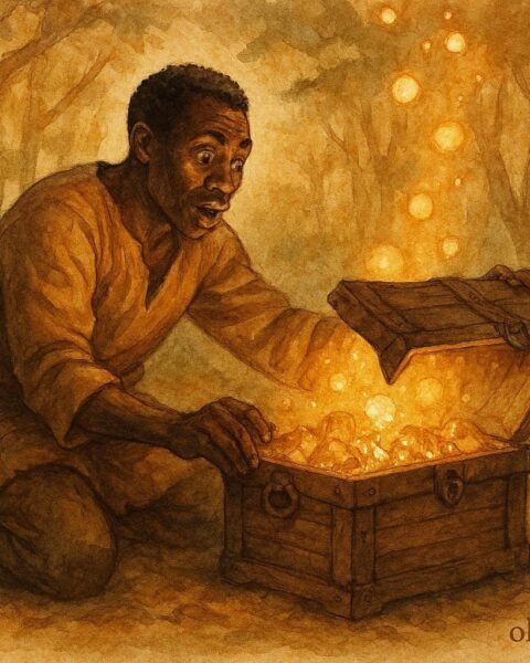 illustration of a greedy man watching magical treasures vanish, Beninese folktale scene.