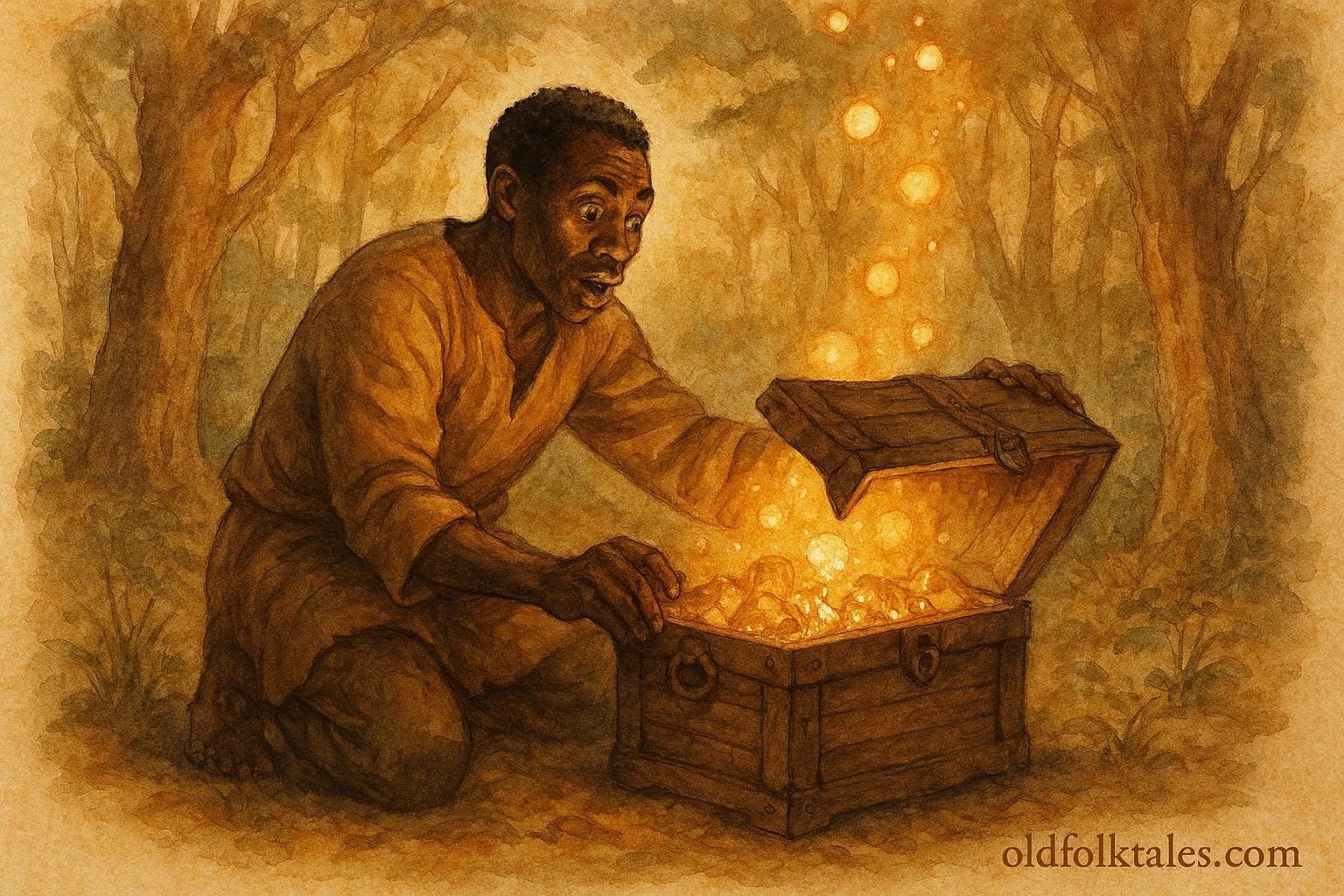 illustration of a greedy man watching magical treasures vanish, Beninese folktale scene.